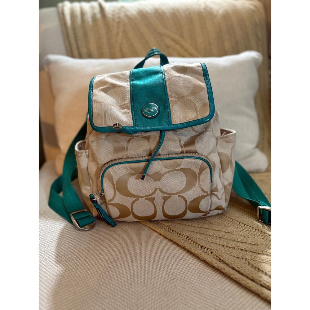 Coach Signature Stripe Backpack - Khaki/Jade - F21928